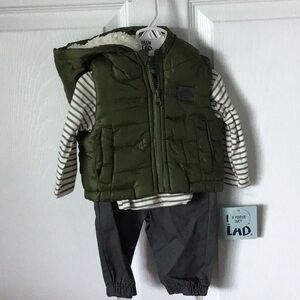 Little Lad Green Puffer Vest Pants/Shirt Set 0/3 Months NEW